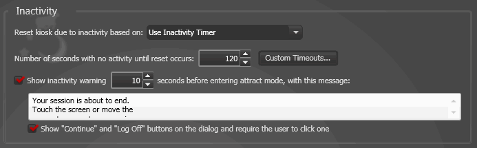 Attract/Inactivity Tab, Activity Timer Settings