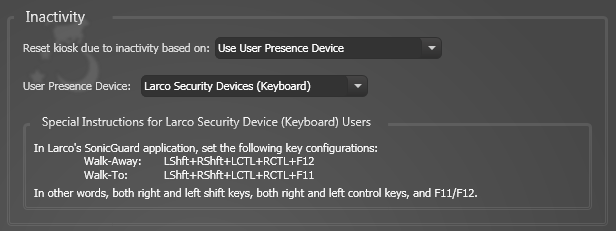 Attract/Inactivity Tab, User Presence Device Settings, Larco Security Device (Keyboard) Settings