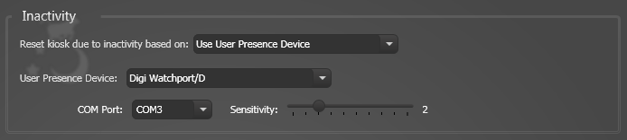 Attract/Inactivity Tab, User Presence Device Settings, Digi WatchPort/D Settings