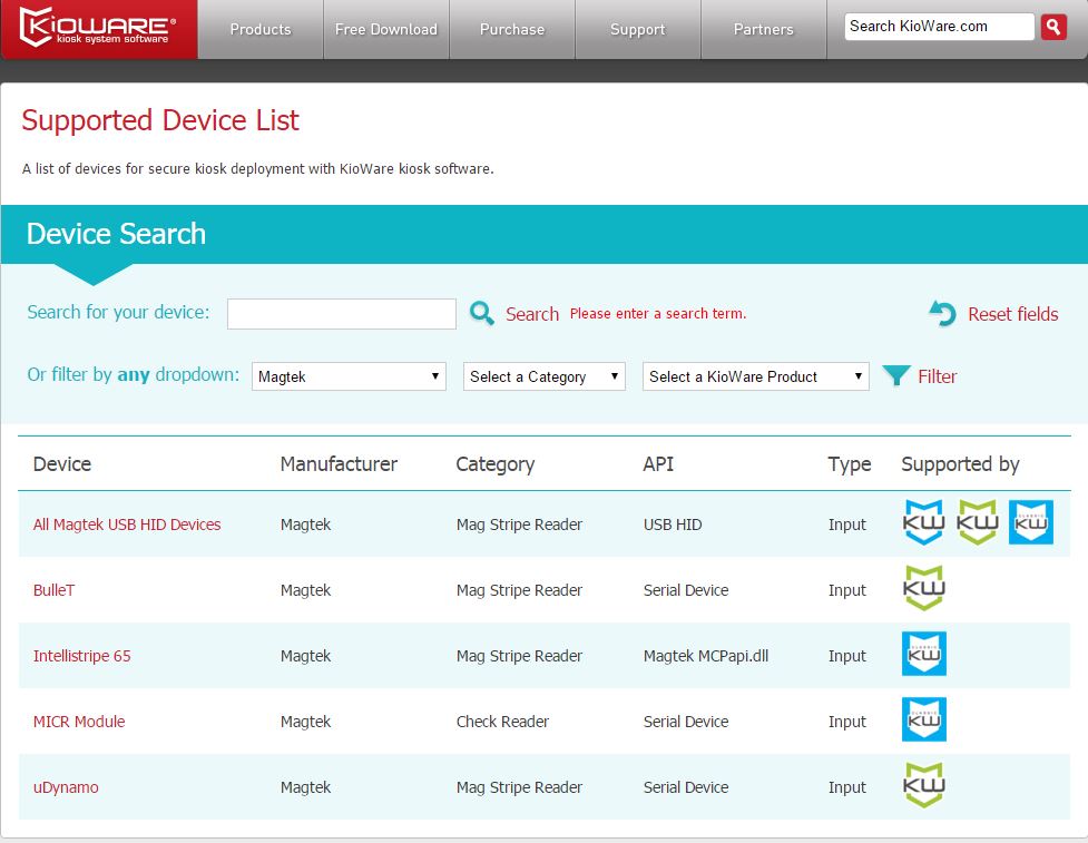 supported kiosk devices list