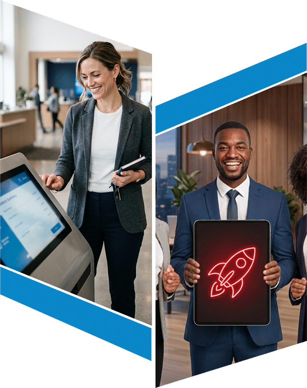 Professional using a self-service kiosk beside another holding a tablet with a growth rocket icon