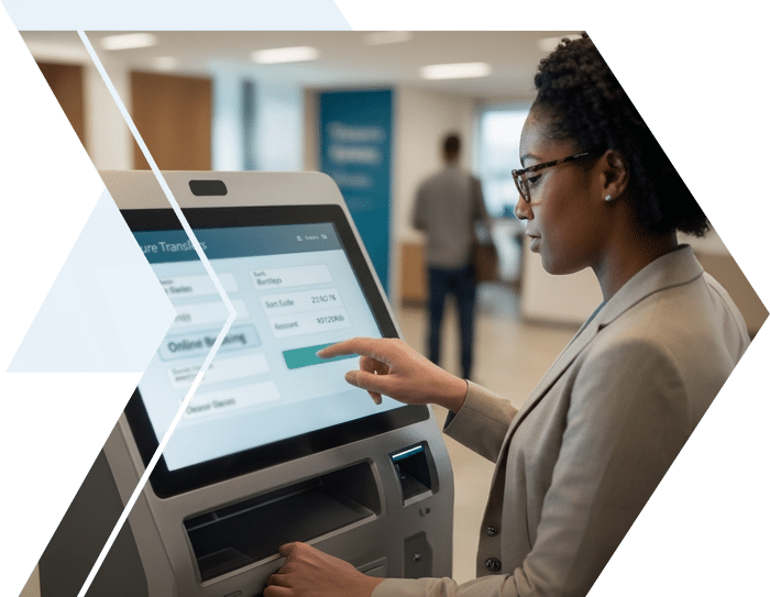 Person completing a secure transaction on a self-service banking kiosk